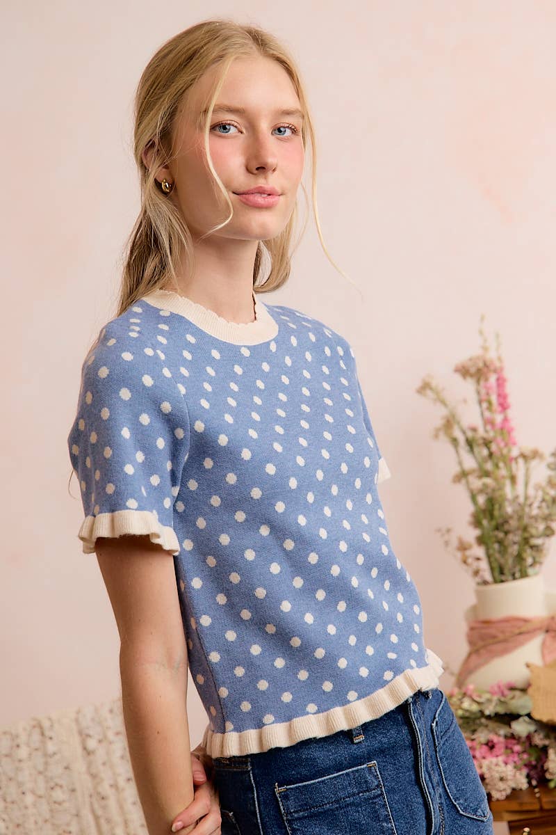 So Me - POLKA DOT RUFFLED SHORT SLEEVES SWEATER KNIT TOP
