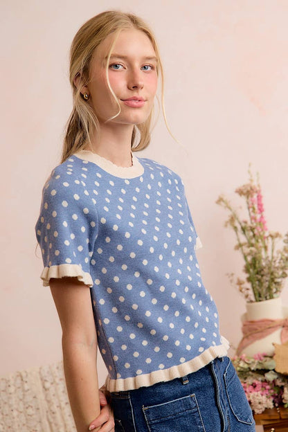 So Me - POLKA DOT RUFFLED SHORT SLEEVES SWEATER KNIT TOP
