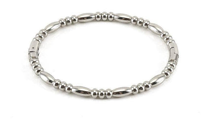 Showcasing the Mio Queena Multi-style 18K Gold-plated Stainless Steel Bangle, this bracelet features a sophisticated design with alternating small round and elongated oval beads arranged in a seamless loop. Set against a white background, this elegant stainless steel piece from Mio Queena makes a timeless and thoughtful jewelry gift.