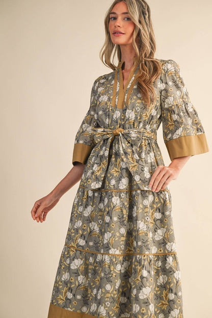 &MERCI - FLORAL PRINT CONTRAST BINDING BELTED MIDI DRESS