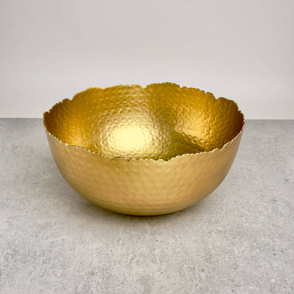 India Handicrafts Inc Large Gilded Hammered Bowl front view displaying honeycomb-textured gold surface