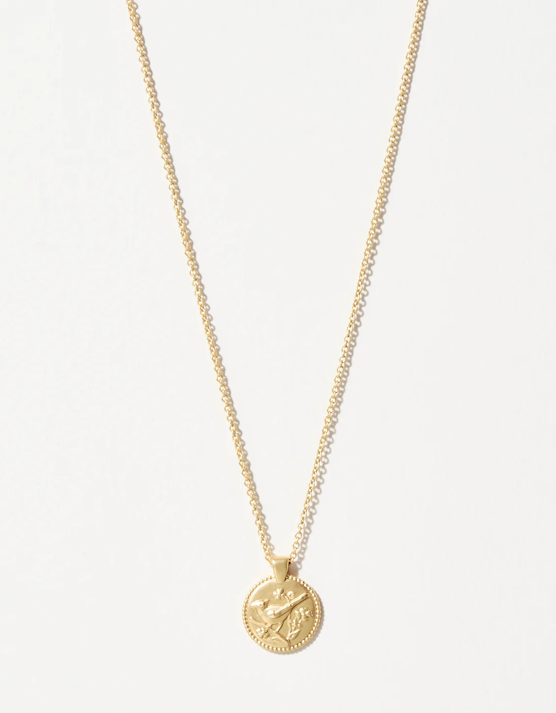 The Spartina Sea La Vie Always/Cardinal necklace by Spartina is a gold piece featuring a round coin pendant embossed with crossed arrows and a leaf, presented as an elegant remembrance gift against a plain white background.