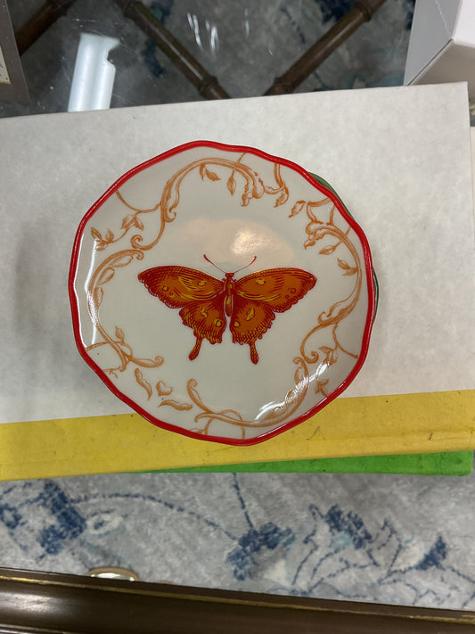 Hazel Mazel Scalloped Plate with red butterfly and gold leaf border on cream