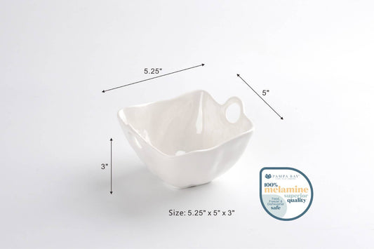 Pampa Bay white melamine snack bowl with dimensions labeled 5.25 by 5 by 3 inches