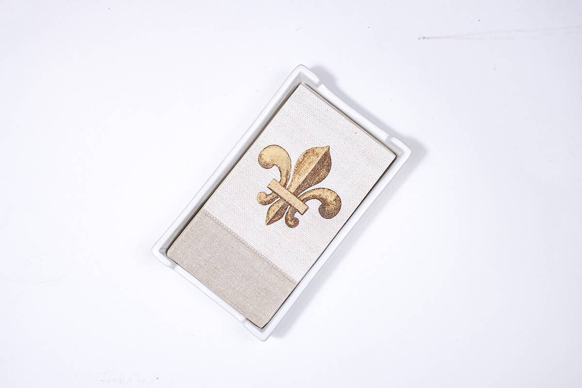 The Royal Standard Classic Guest Napkin Holder with gold fleur-de-lis napkins inside