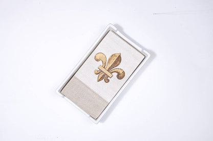 The Royal Standard Classic Guest Napkin Holder with gold fleur-de-lis napkins inside