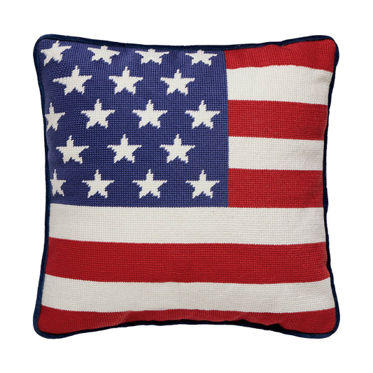Peking Handicraft American Flag embroidered pillow with white stars on blue field and red-and-white stripes