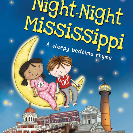 Sourcebooks Night-Night Mississippi bedtime book cover with two children on moon and Mississippi landmarks