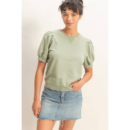 Double Zero - Puff Sleeve V-Stitch Crew Neck Top