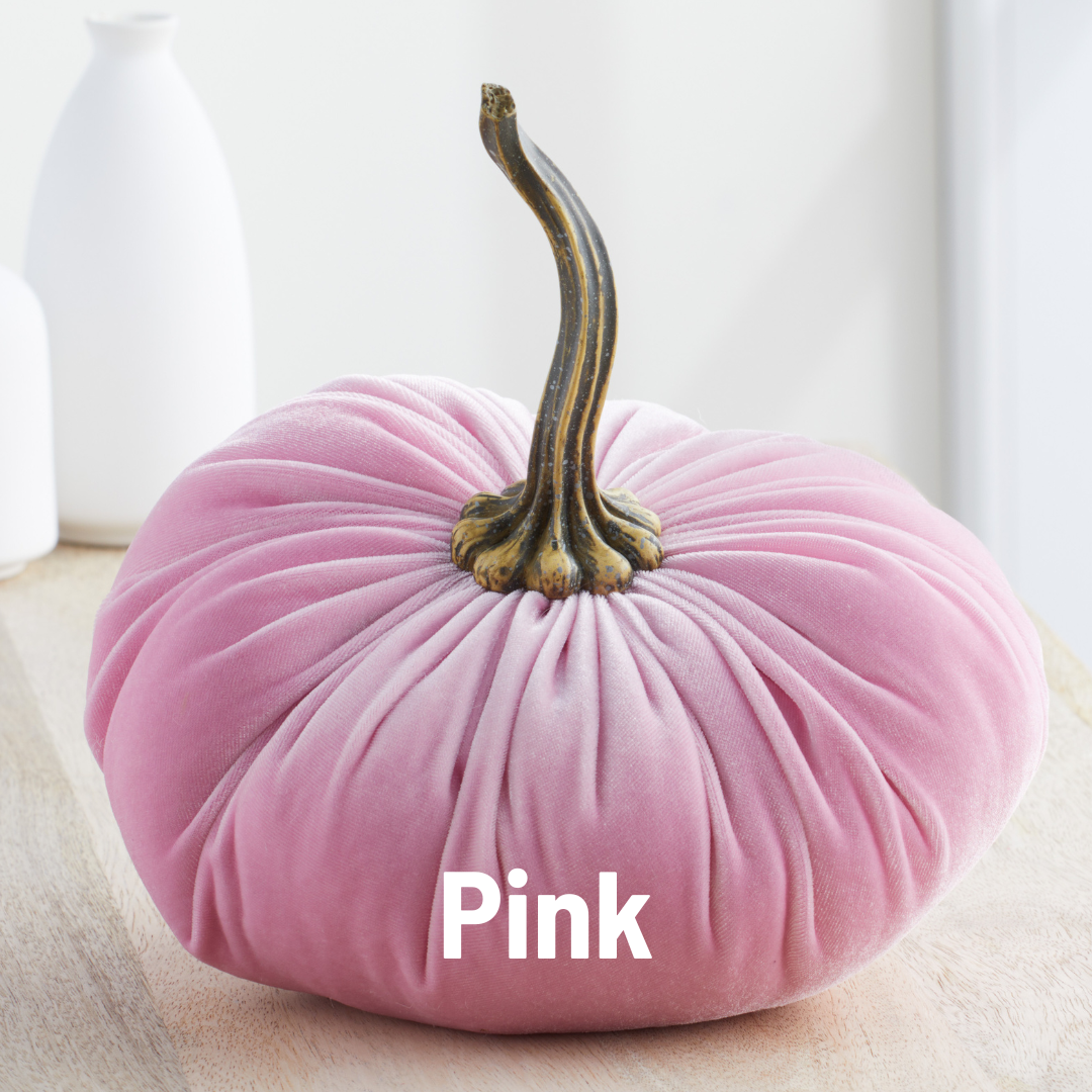 An extra-large, plush pink velvet pumpkin from Your Heart’s Content, featuring a realistic brown stem and “Pink” boldly written in white across the front, sits on a light wooden surface. This charming fall accent makes an eye-catching wedding centerpiece or a delightful addition to your holiday mantel décor.