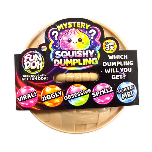 Fun Doh Mystery Squishy Dumpling individual package showing tan dumpling with cute face and five mystery variety options