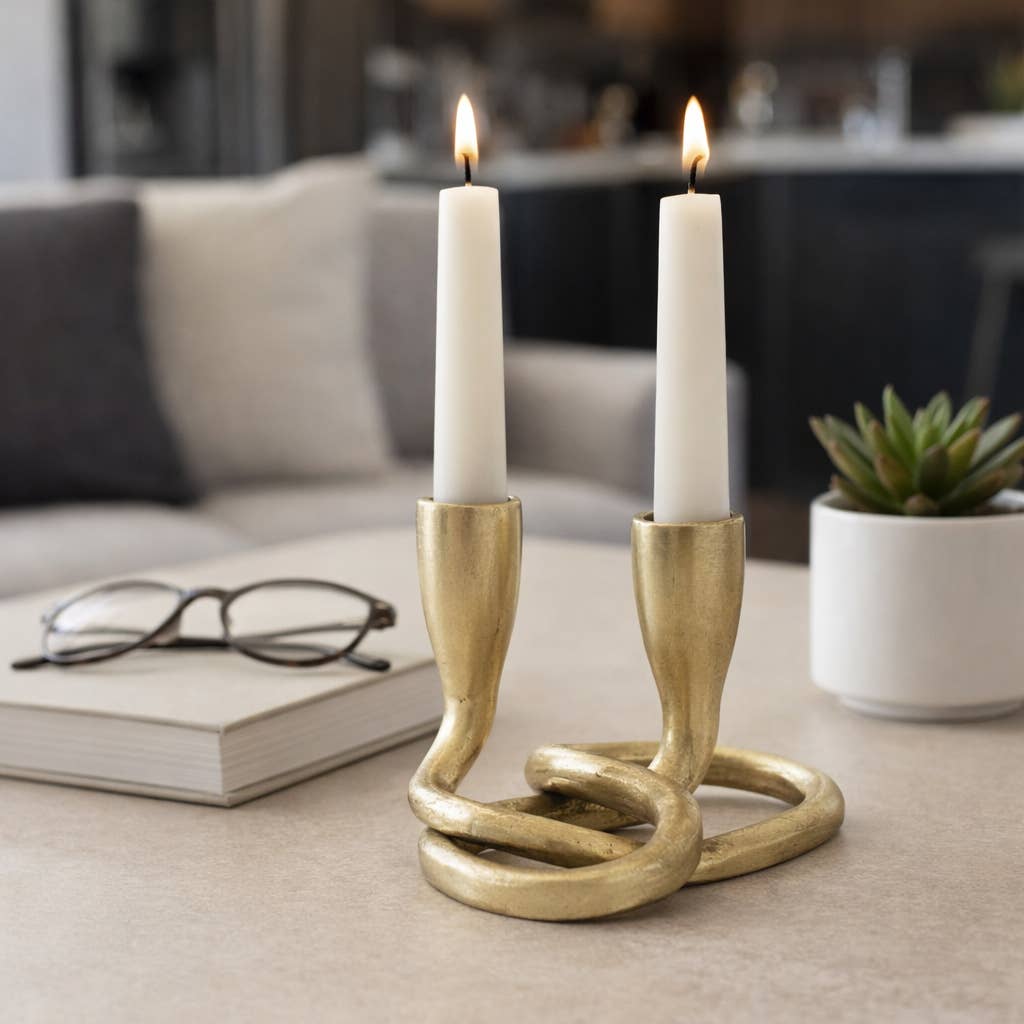 Sagebrook Home - Candle Holder - Gold Metal Knotted 2-Taper, 6 in.