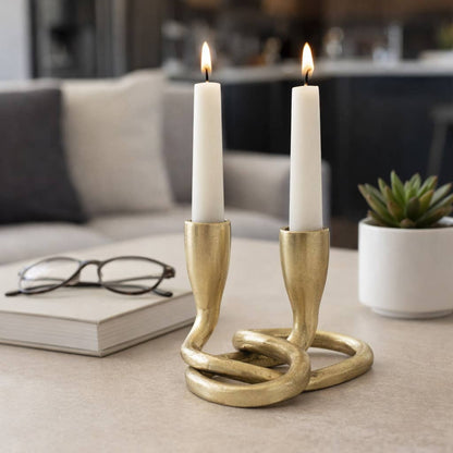 Sagebrook Home - Candle Holder - Gold Metal Knotted 2-Taper, 6 in.