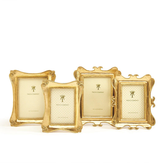 Two's Company gold leaf photo frames in four sizes with ornate baroque-style edges