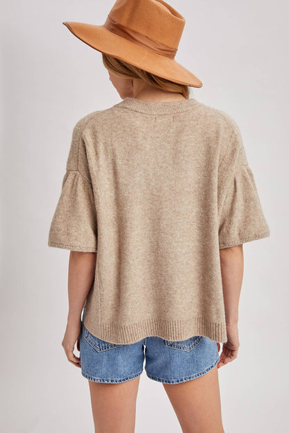 Bluivy - GATHERED SHORT SLEEVE BOXY KNIT SWEATER TOP