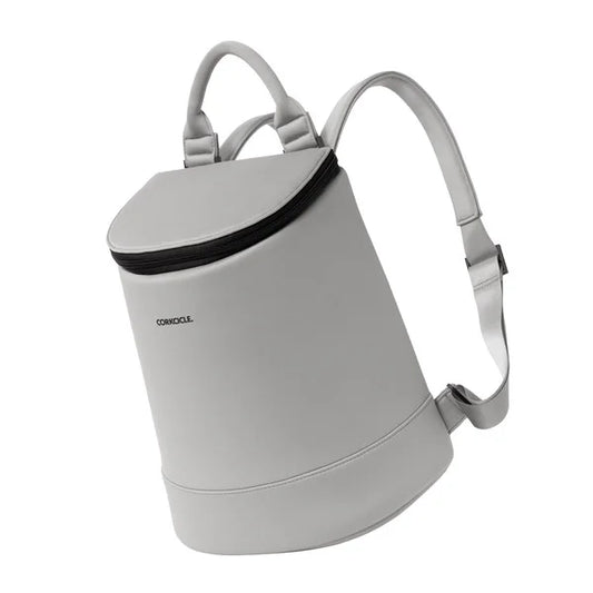 Corkcicle Eola Bucket Bag in light gray with black trim and padded gray handles