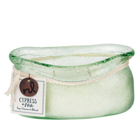 Northern Lights Sea Glass Candle in pale green with rope handle and Cypress + Sea scent tag