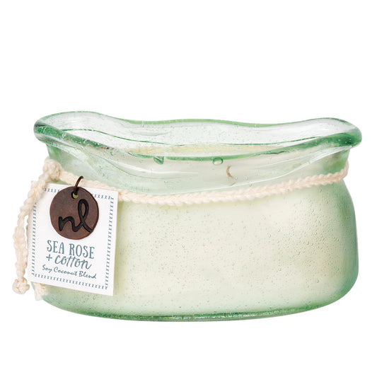 Northern Lights Sea Glass Candle in seafoam green with rope handle and Sea Rose + Cotton scent tag