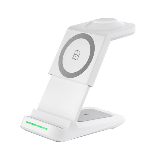 LAX Gadgets 3-in-1 Wireless Charging Station in white with circular phone pad and smartwatch holder