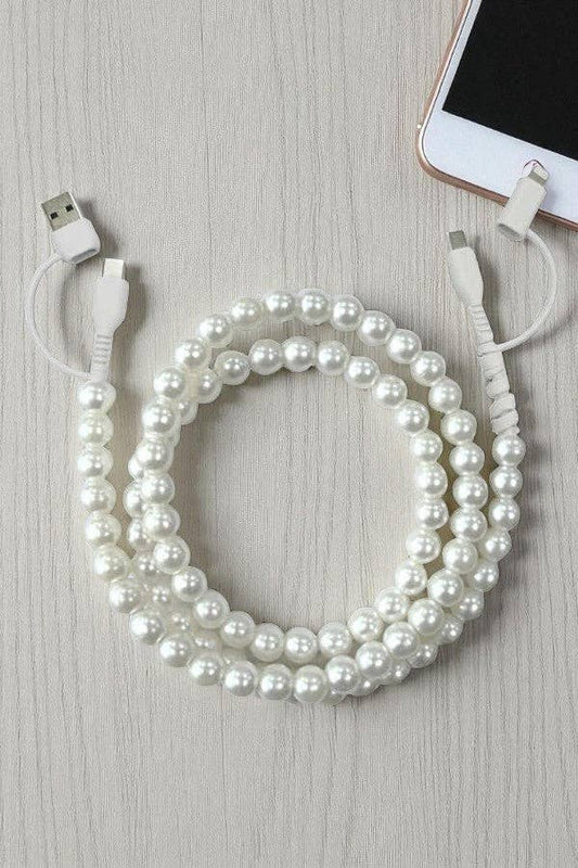 Nash Grey White Pearl Cord Phone Charger with white beaded coating and white cable connectors