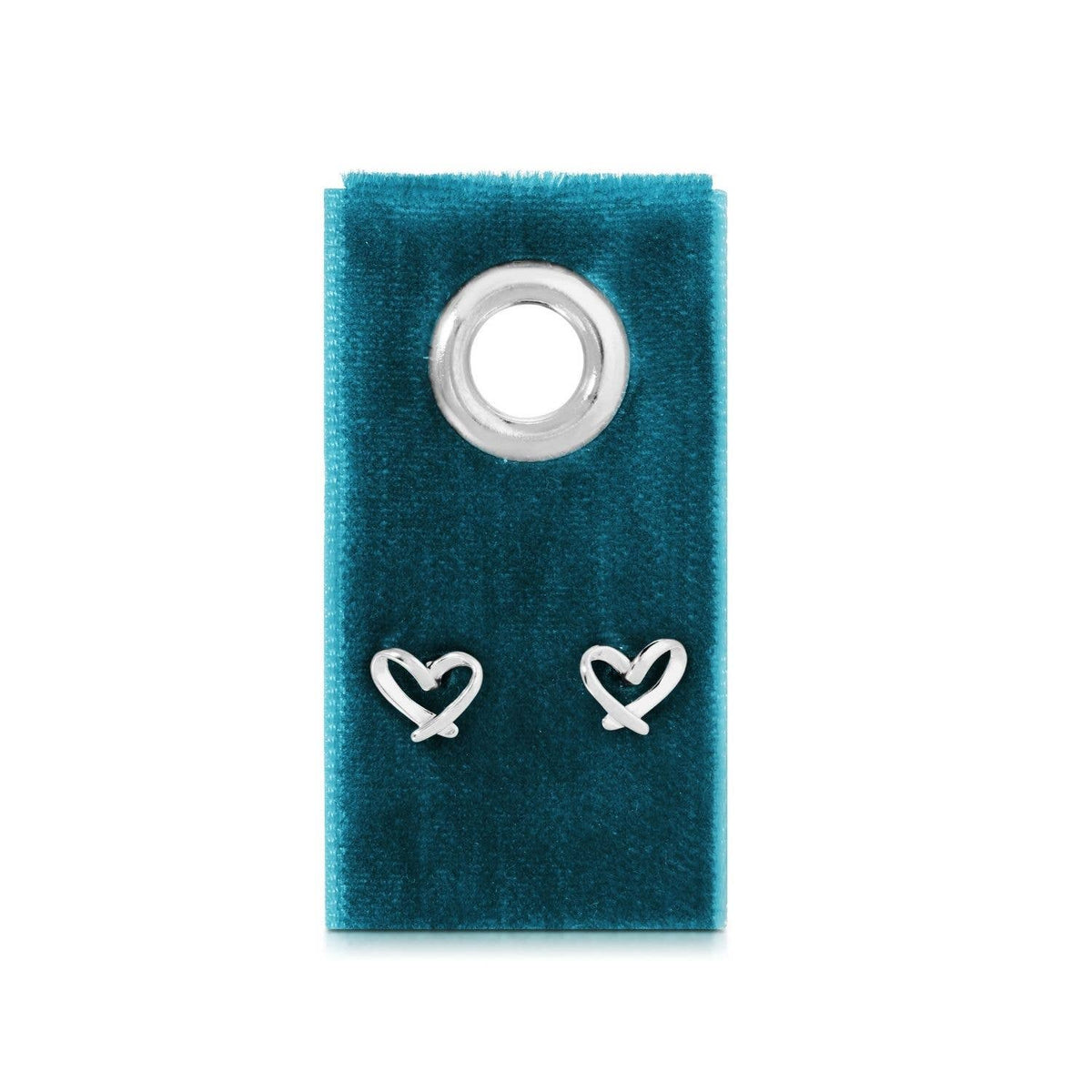 Splendid Iris Free Form Heart Studs on teal velvet gift tag with silver metal grommet