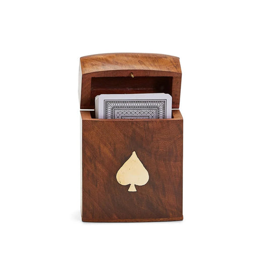 Two's Company Wood Crafted Playing Card Set in brown leather case with cream spade symbol, deck visible inside