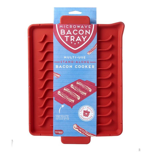 HIC Talisman Designs red microwave bacon tray with wavy slots, shown with blue and red packaging