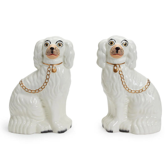 Two's Company white porcelain Staffordshire dog statues with copper noses and gold chain collars