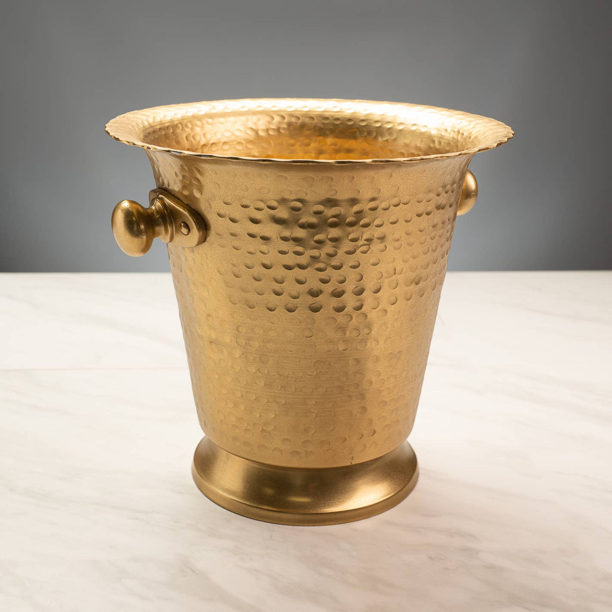 India Handicrafts Ham Gold wine cooler with hammered texture and brass handles, front view