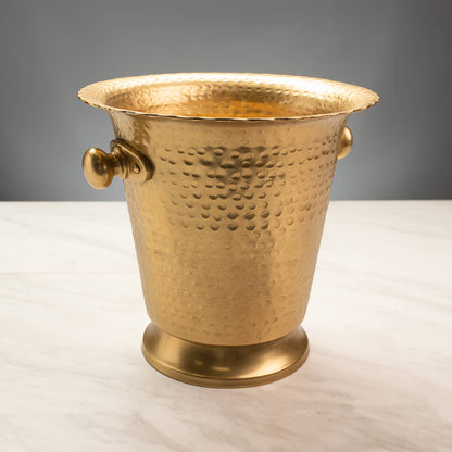 India Handicrafts Ham Gold wine cooler with hammered texture and brass handles, front view