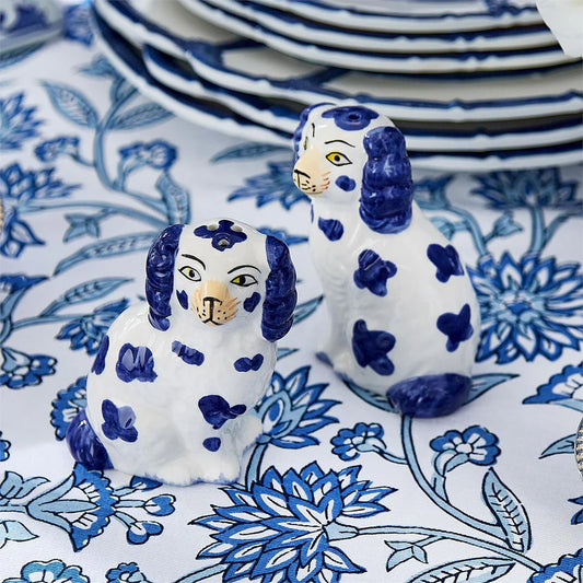 Two's Company Staffordshire Dog Salt and Pepper Set with blue and white ceramic dogs on matching patterned plate