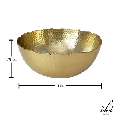 India Handicrafts Inc Large Gilded Hammered Bowl, gold with wavy rim, 11 in. wide and 4.75 in. tall, side view with measurements
