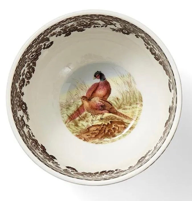 Spode Woodland Dip Bowl overhead view showing pheasant illustration in center with brown foliage border