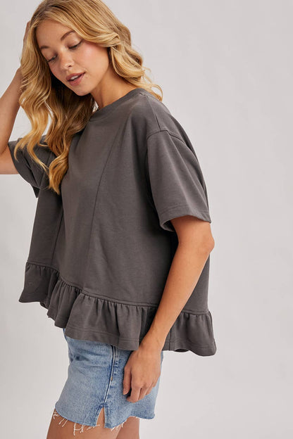Bluivy - RUFFLED PEPLUM HEM BOXY SWING KNIT TEE