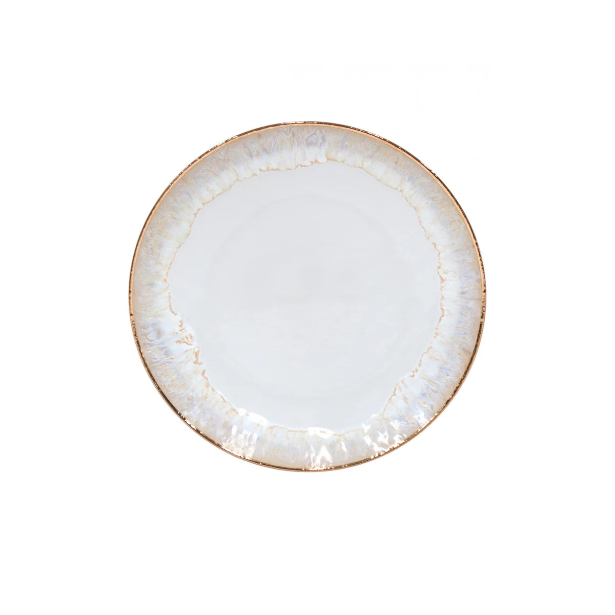 The Costa Nova “Taormina - Gold” Dinner Plate by Costa Nova is a round, white ceramic plate featuring a lightly textured, slightly uneven rim with an elegant light brown and off-white marbled design. Its center is smooth and plain. The clean plate is shown from above against a white background.