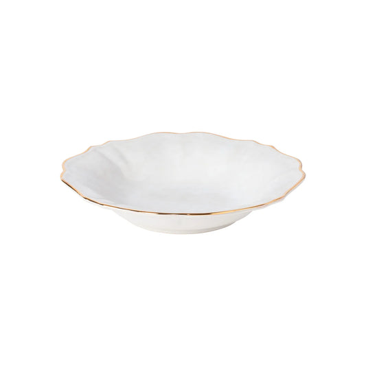 Casafina Impressions white pasta bowl with scalloped edges and gold rim detail