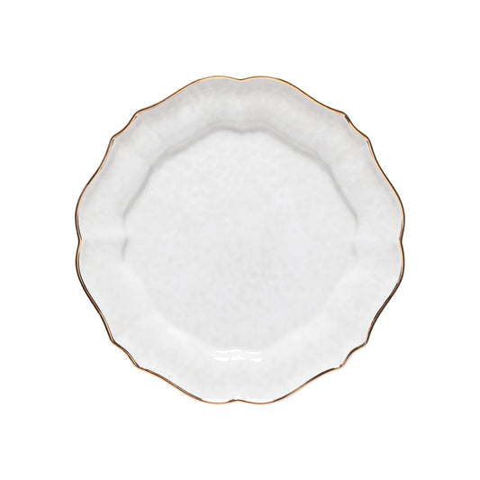 Casafina Impressions Gold dinner plate with scalloped rim and gold trim on white ceramic