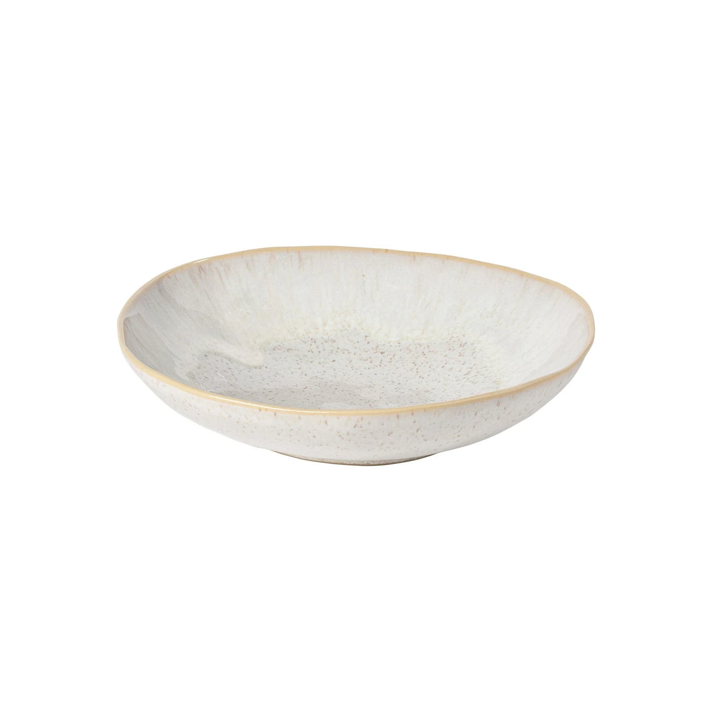 The Casafina “Evissa - Sand Beige” Pasta Bowl by Casafina is a shallow, round ceramic bowl featuring a slightly uneven rim and a speckled white glaze, shown against a plain white background.