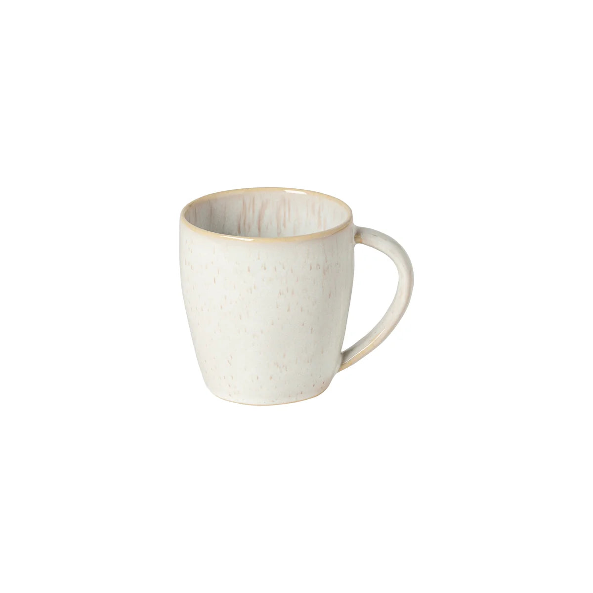 A Casafina “Evissa - Sand Beige” mug by Casafina, featuring an off-white ceramic finish with a subtle speckled pattern and a rounded handle, is set against a plain white background.
