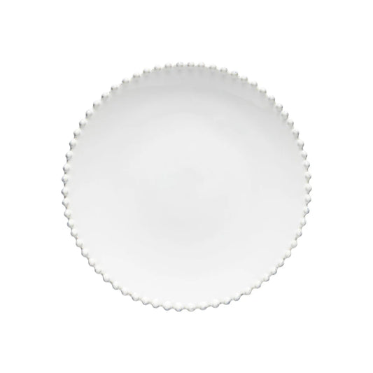 Costa Nova Pearl white dinner plate with decorative beaded rim, overhead view