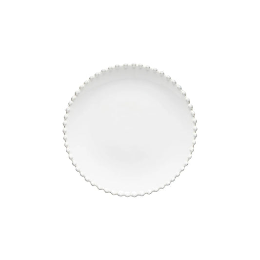 Costa Nova Pearl white salad plate with decorative beaded rim, overhead view