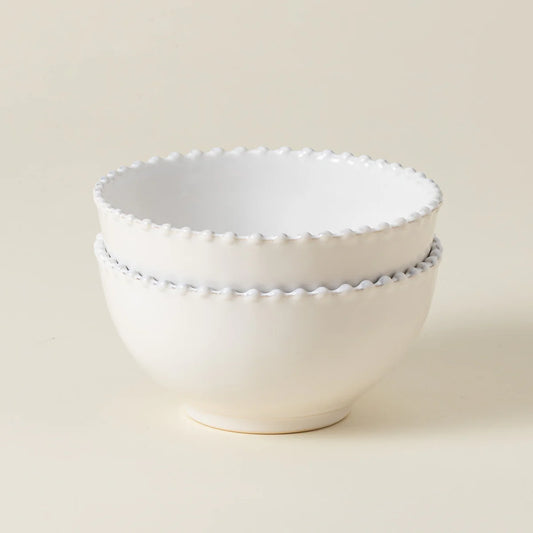 Costa Nova Pearl white cereal bowl with beaded rim, stacked pair showing side profile