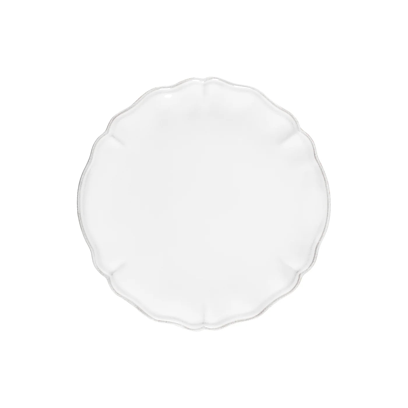 Costa Nova “Alentejo” Dinner Plate by Costa Nova, featuring a scalloped, wavy edge in white porcelain, viewed from above on a plain white background.