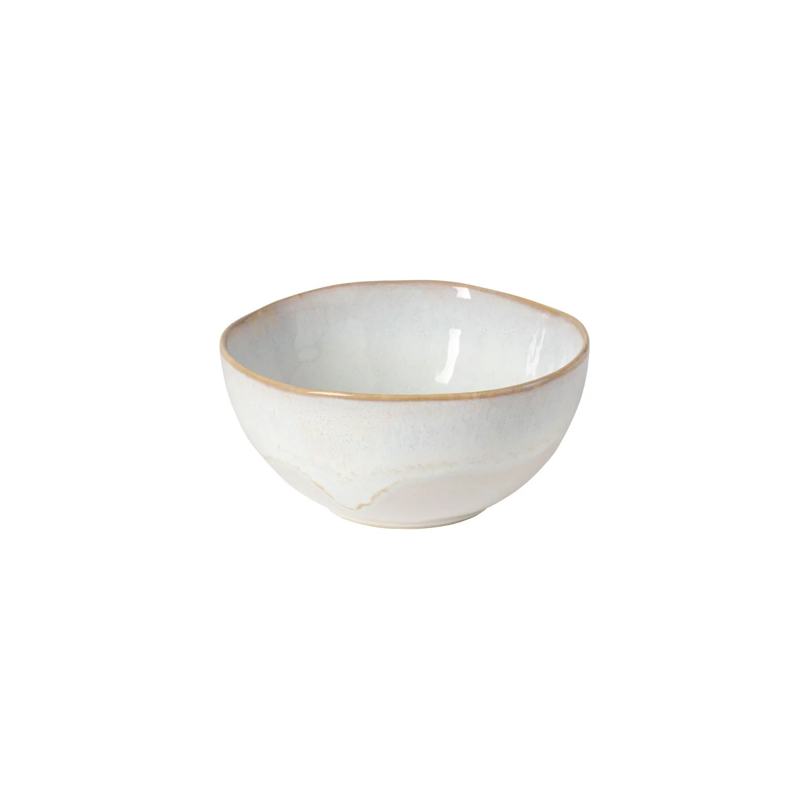 The Costa Nova “Brisa - Salt” Cereal Bowl by Costa Nova features a white ceramic finish with a slightly uneven rim and a light brown edge, shown on a plain white background.