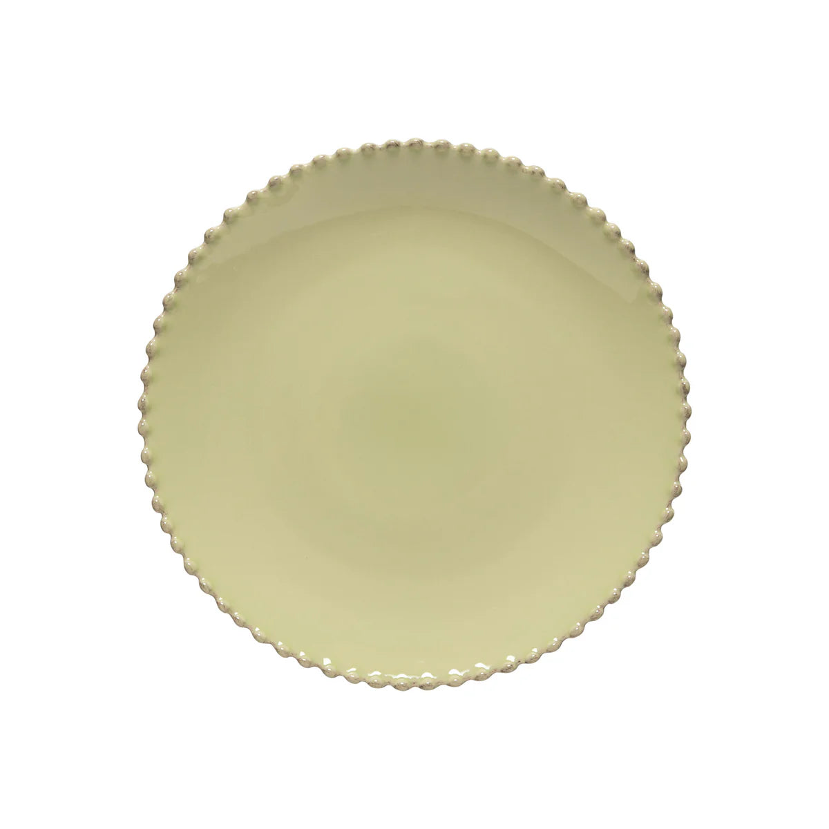 Costa Nova Pearl pale yellow dinner plate with beaded rim edge, overhead view