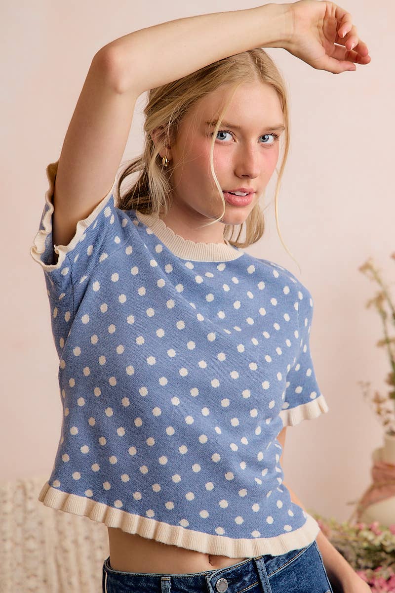 So Me - POLKA DOT RUFFLED SHORT SLEEVES SWEATER KNIT TOP