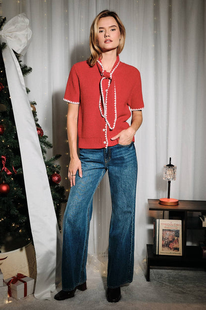 Sunday Edition by LE LIS - Whipstitch Contrast Trim Tie Neck Short Sleeve Sweater