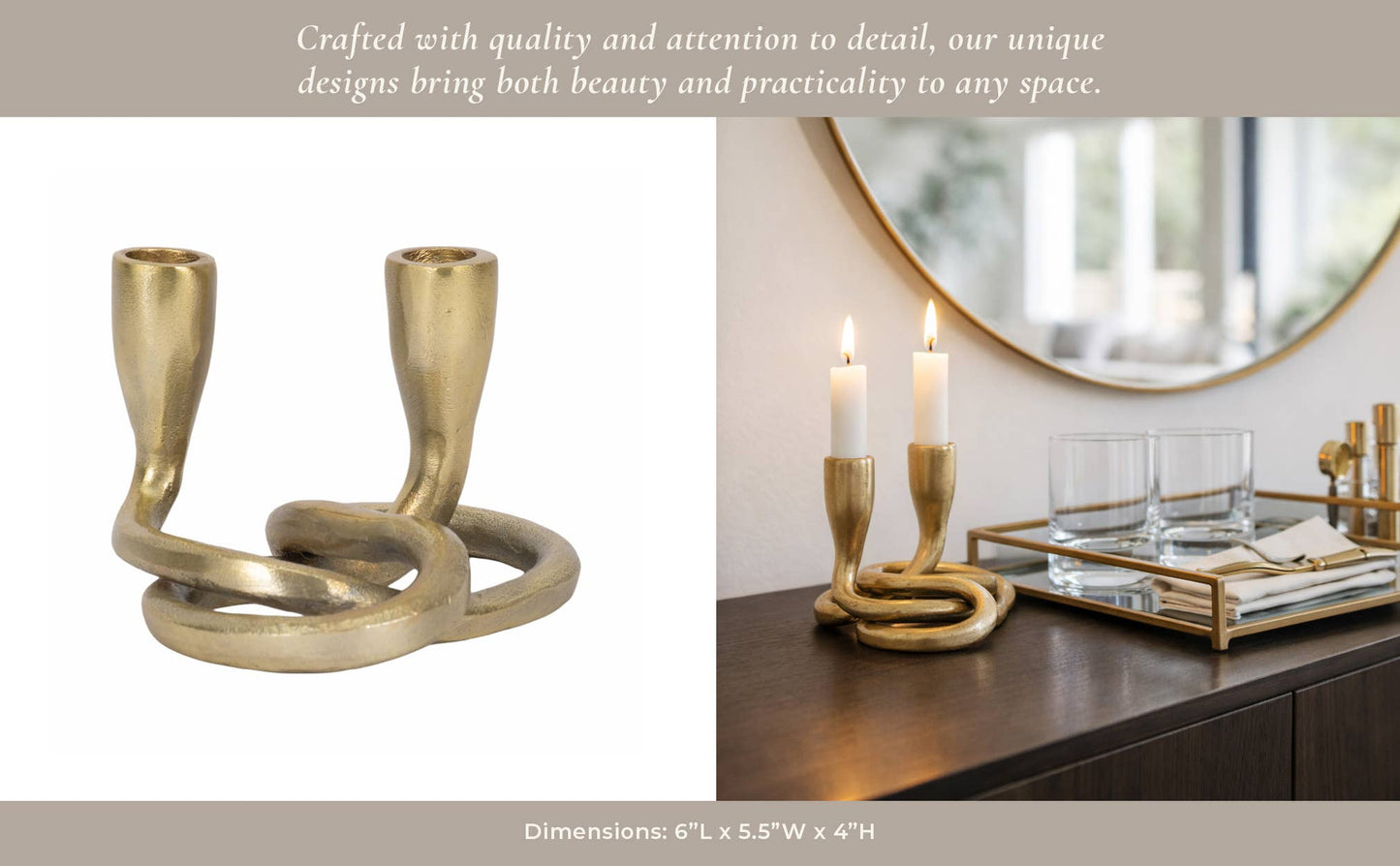 Sagebrook Home - Candle Holder - Gold Metal Knotted 2-Taper, 6 in.