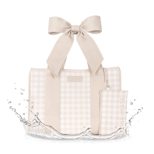 Case-Mate Latte Gingham Bow Jelly Tote Bag with cream bow and water-resistant finish