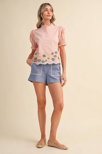&MERCI - FLORAL EMBROIDERY SMOCKED PUFF SLEEVE TOP